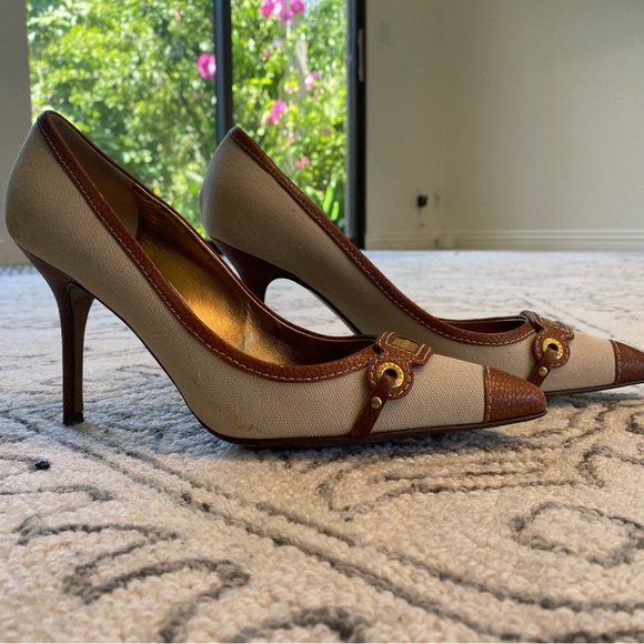 Dolce & Gabbana Logo Heels | Canvas & Leather Pointed Toe Pumps | Size 38.5 - Picture 12 of 15